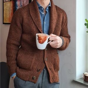 Kent Wang Ribbed Knit shawl collar brown wool grandpa cardigan XXL